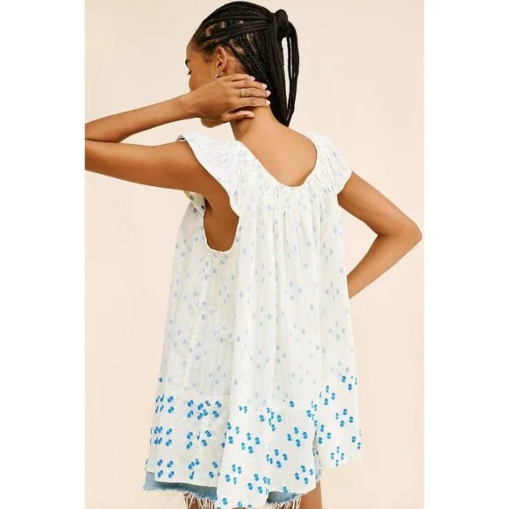 Free People We The Free Jules Flowy Cotton Tunic Top Flutter Sleeve Ivory Blue S - Picture 5 of 8